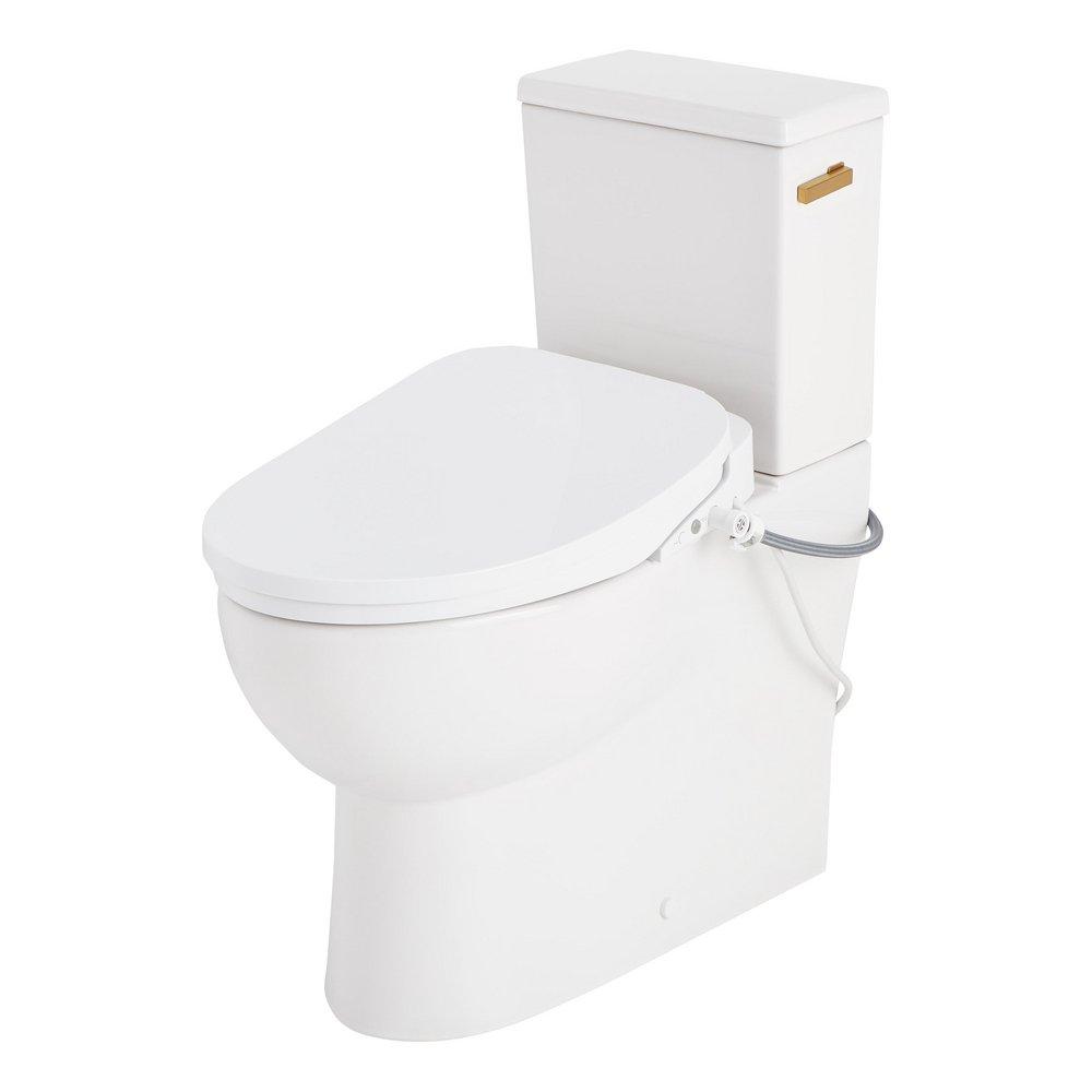 LAVRIK TWO-PIECE SKIRTED ELONGATED TOILET WITH REVERSIBLE TANK - BIDET SEAT - BRUSHED GOLD HANDLE 