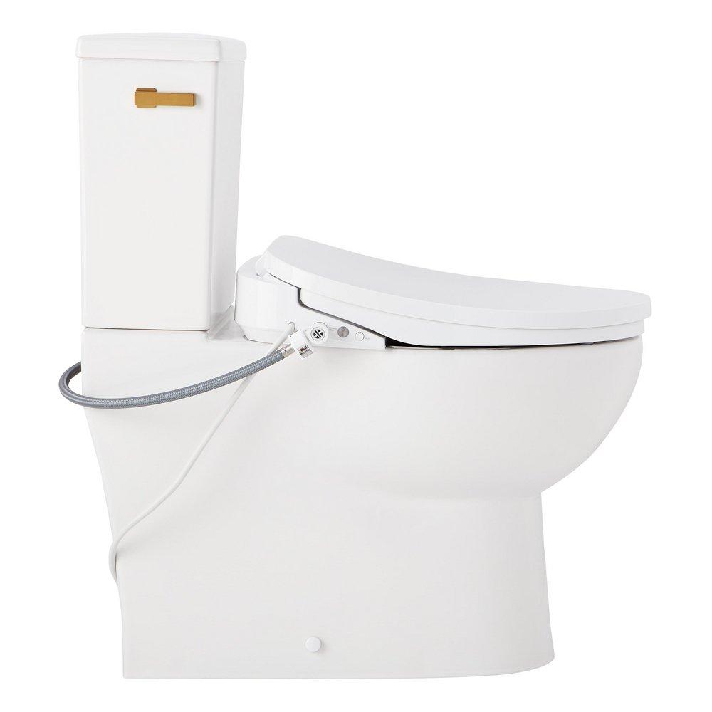 Two Piece Elongated Skirted Toilet with Reversible Tank and Brushed Gold Handle, Includes Bidet Seat 