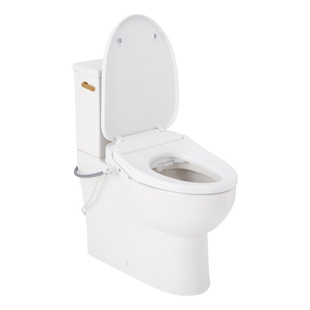 Two Piece Elongated Skirted Toilet with Reversible Tank and Brushed Gold Handle, Includes Bidet Seat 