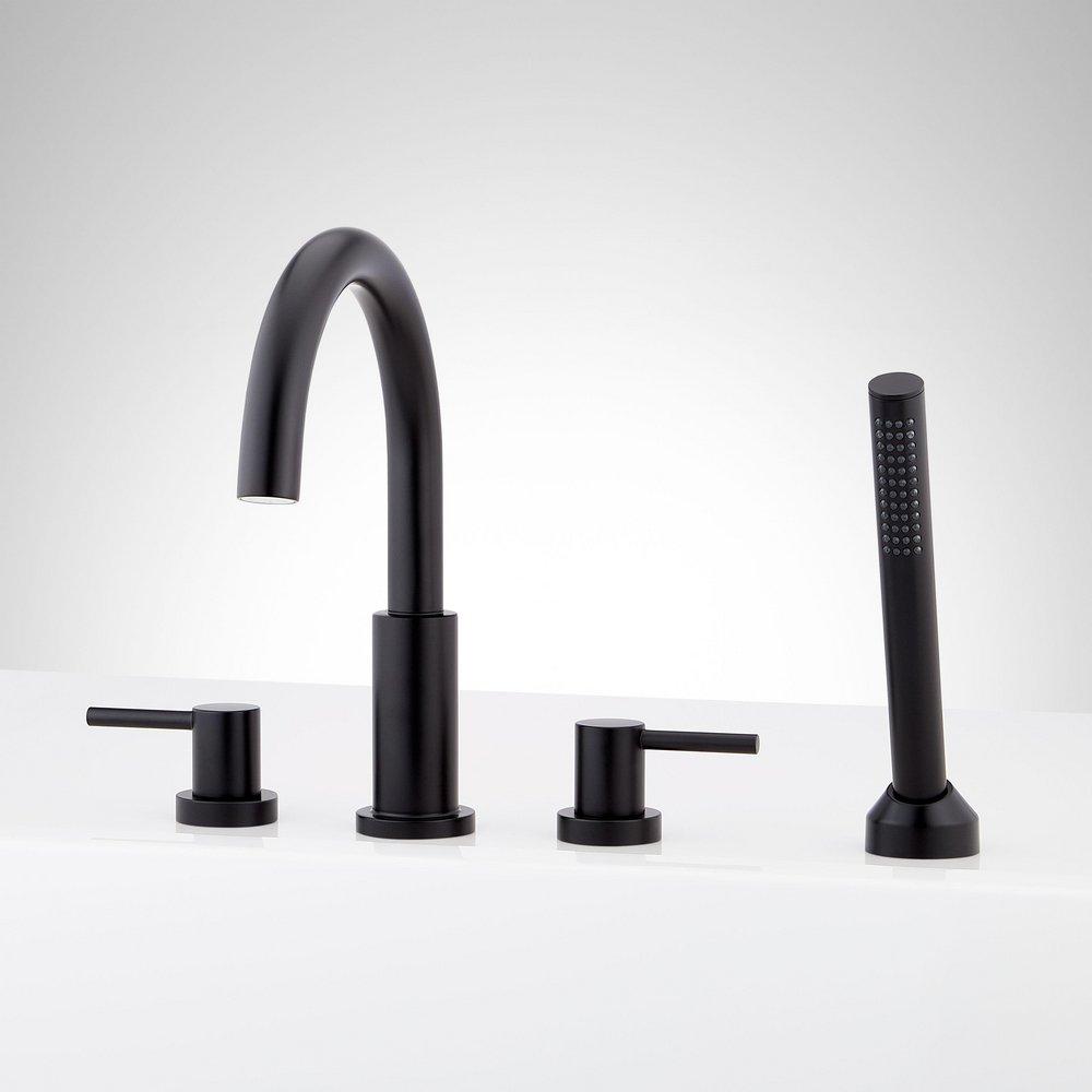 LEXIA 4-HOLE ROMAN TUB FAUCET AND HAND SHOWER WITH ROUGH-IN VALVE - MATTE BLACK 