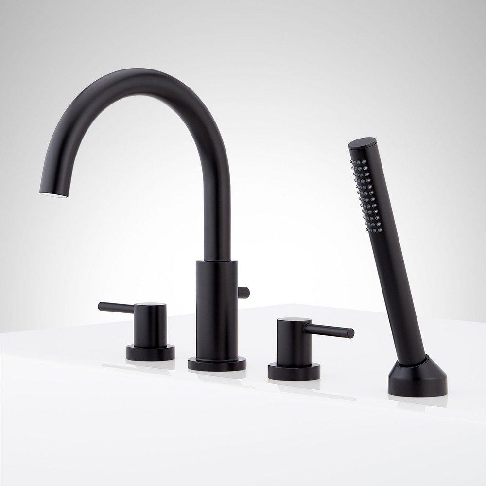 LEXIA 4-HOLE ROMAN TUB FAUCET AND HAND SHOWER WITH ROUGH-IN VALVE - MATTE BLACK 