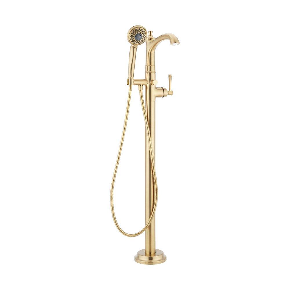 BEASLEY FREESTANDING TUB FAUCET WITH HAND SHOWER AND ROUGH-IN VALVE LESS STOPS - BRUSHED GOLD 