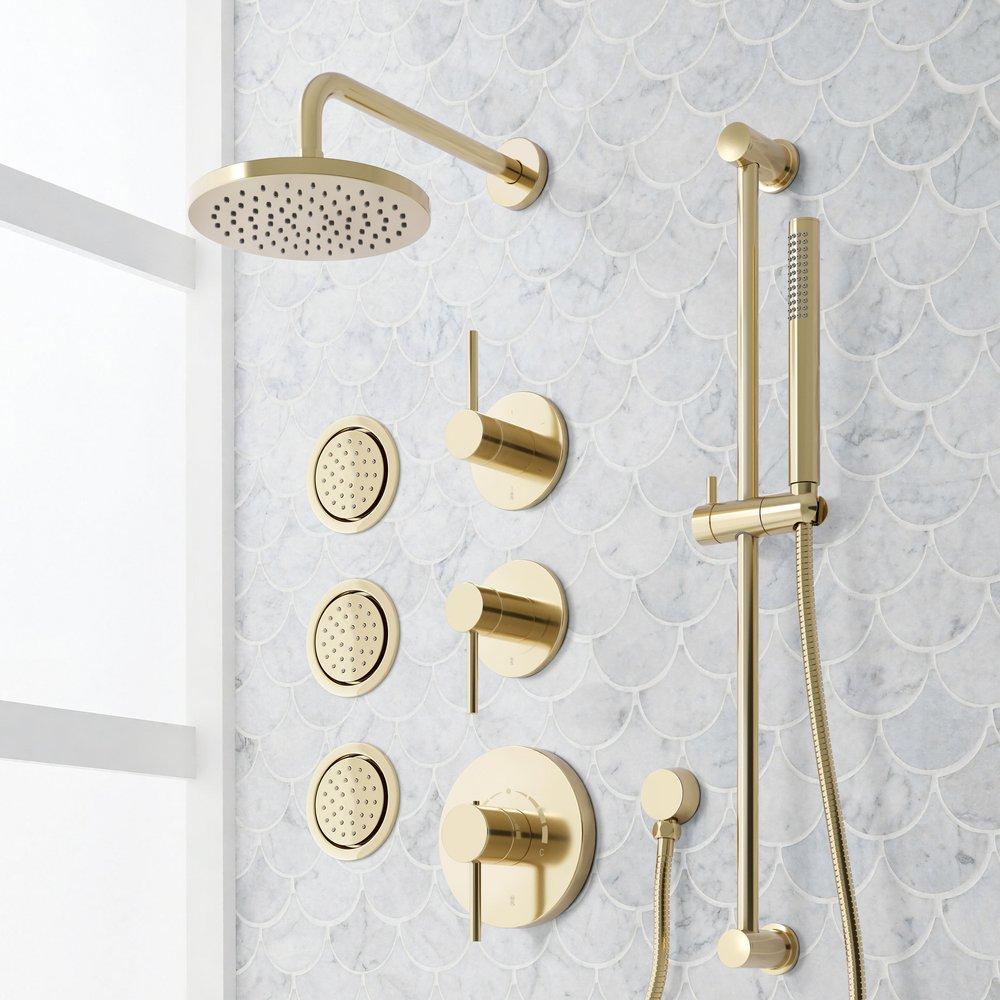 LEXIA THERMOSTATIC SHOWER SYSTEM WITH 3 BODY SPRAYS, SLIDE BAR AND HAND SHOWER - POLISHED BRASS 