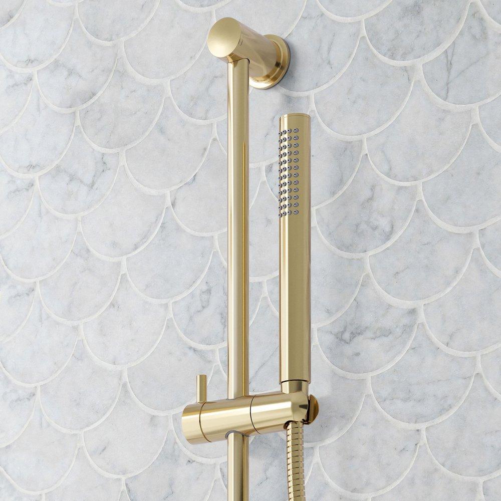 LEXIA THERMOSTATIC SHOWER SYSTEM WITH 3 BODY SPRAYS, SLIDE BAR AND HAND SHOWER - POLISHED BRASS 
