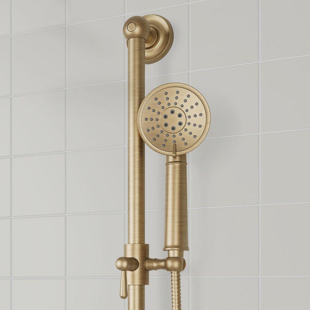 BEASLEY THERMOSTATIC SHOWER SYSTEM WITH SLIDE BAR AND HAND SHOWER - AGED BRASS 