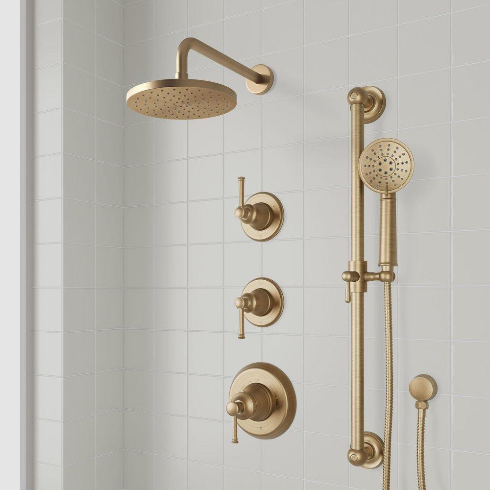 BEASLEY THERMOSTATIC SHOWER SYSTEM WITH SLIDE BAR AND HAND SHOWER - AGED BRASS 