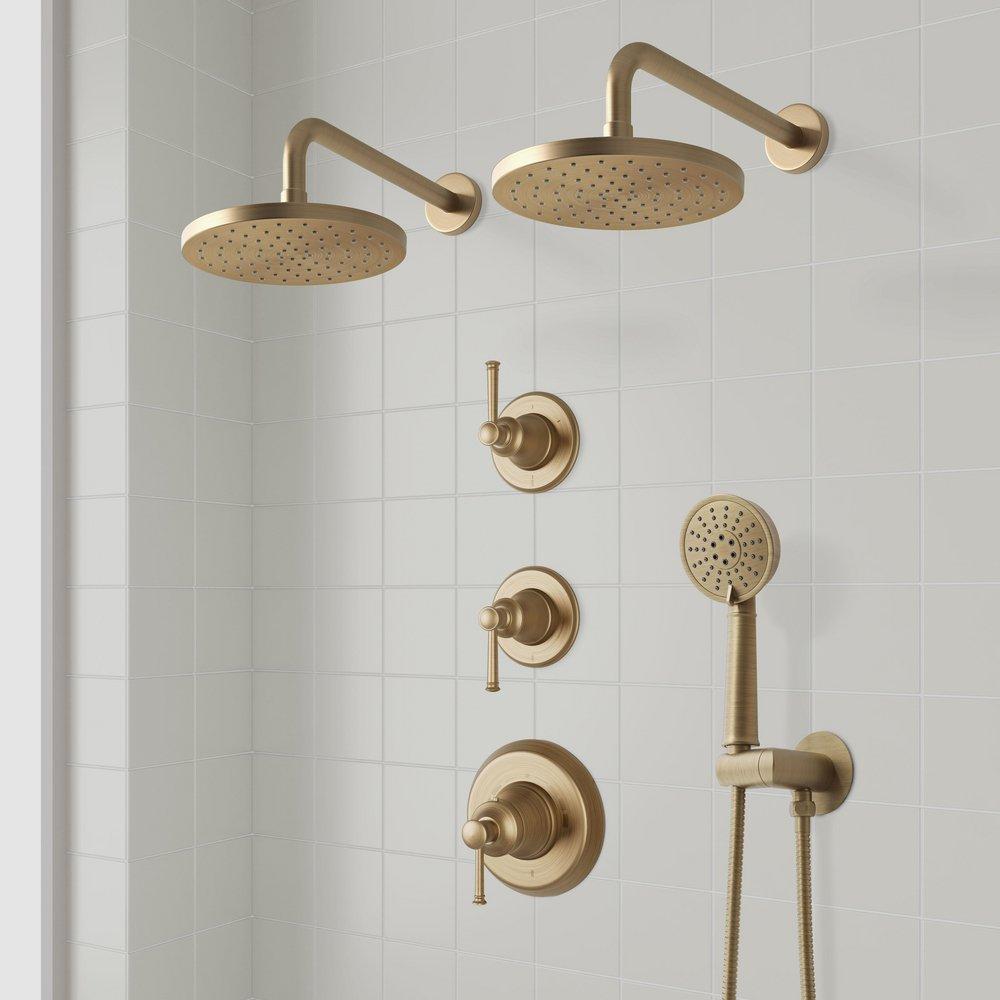 BEASLEY THERMOSTATIC SHOWER SYSTEM WITH DUAL SHOWERHEADS AND HAND SHOWER - AGED BRASS 