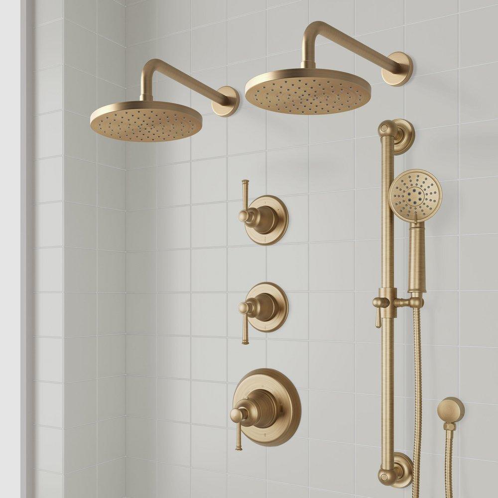 BEASLEY THERMOSTATIC SHOWER SYSTEM WITH DUAL SHOWERHEADS, SLIDE BAR & HAND SHOWER - AGED BRASS 