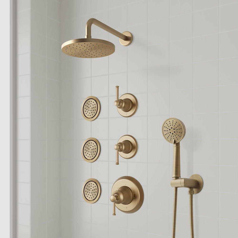 BEASLEY THERMOSTATIC SHOWER SYSTEM WITH 3 BODY SPRAYS AND HAND SHOWER - AGED BRASS 