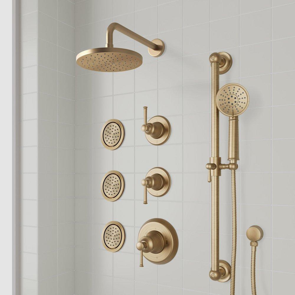 BEASLEY THERMOSTATIC SHOWER SYSTEM WITH 3 BODY SPRAYS, SLIDE BAR AND HAND SHOWER - AGED BRASS 