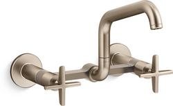 Two Handle Bridge Kitchen Faucet with Cross Handles in Vibrant Brushed Bronze