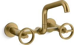 Two Handle Bridge Kitchen Faucet with Knob Handles in Vibrant Brushed Moderne Brass