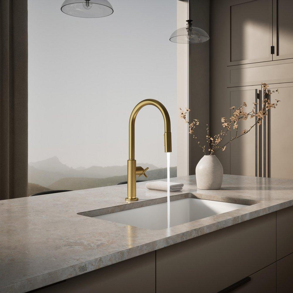 KOHLER Vibrant Brushed Moderne Brass BILLET PULL-DOWN - CROSS HANDLE 