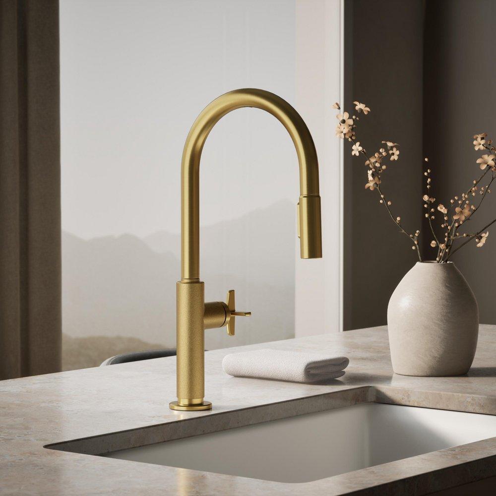 KOHLER Vibrant Brushed Moderne Brass BILLET PULL-DOWN - CROSS HANDLE 