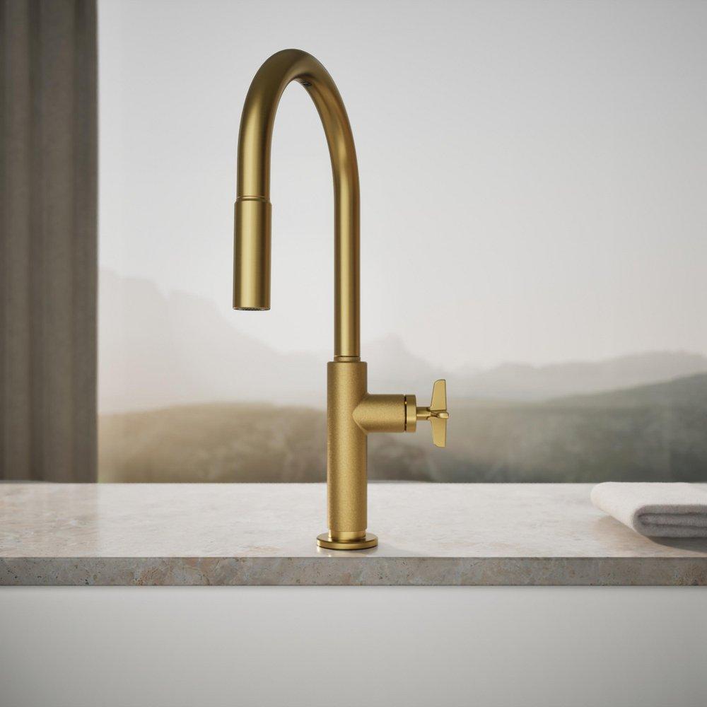 KOHLER Vibrant Brushed Moderne Brass BILLET PULL-DOWN - CROSS HANDLE 