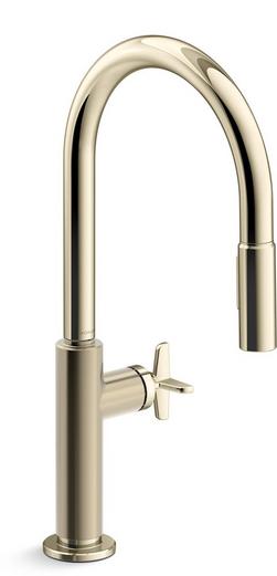 Single Handle Pull Down Kitchen Faucet with Cross Handle in Vibrant French Gold