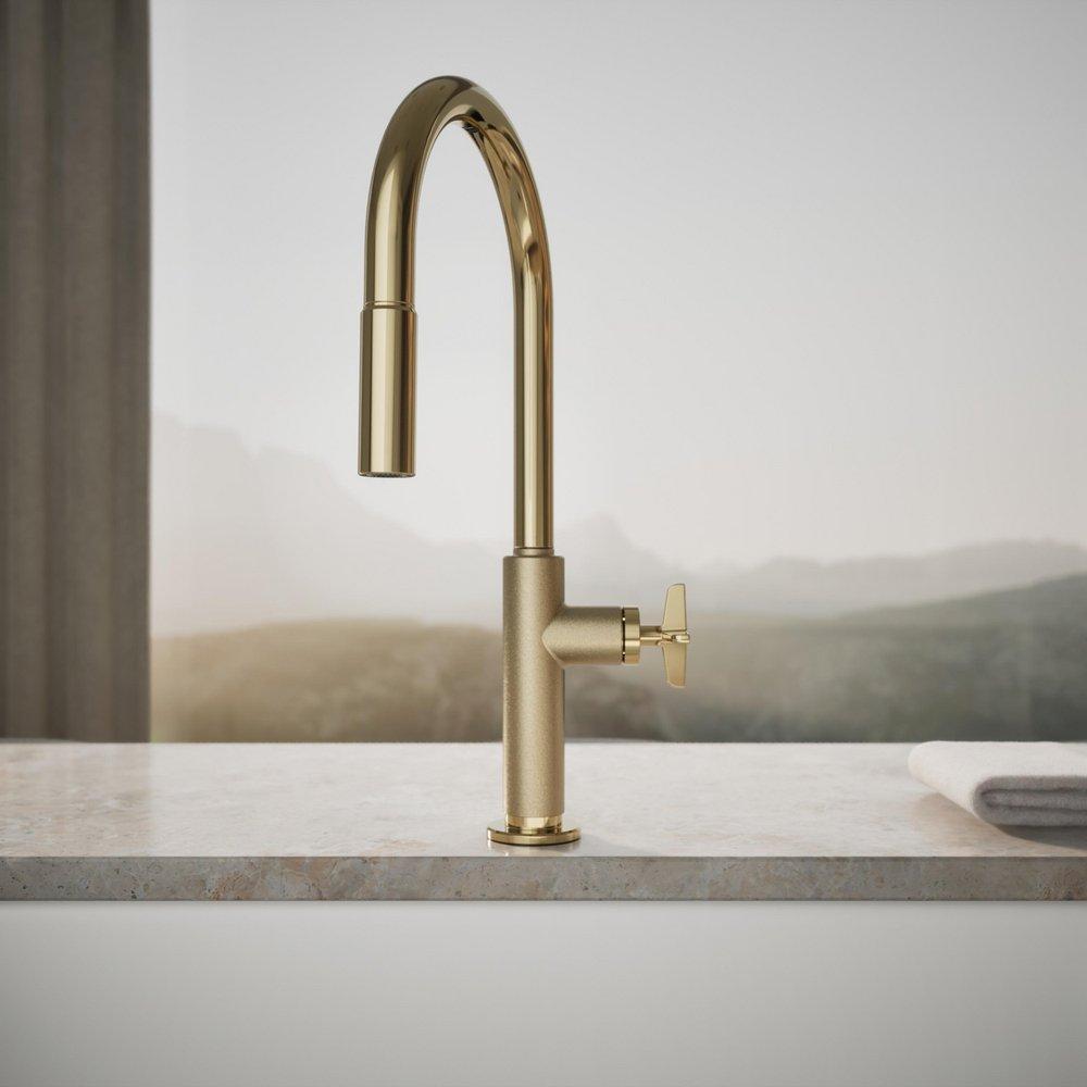 KOHLER Vibrant French Gold BILLET PULL-DOWN - CROSS HANDLE 