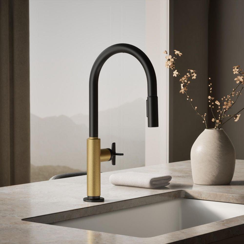 KOHLER Matte Black with Brushed Moderne Brass BILLET PULL-DOWN - CROSS HANDLE 