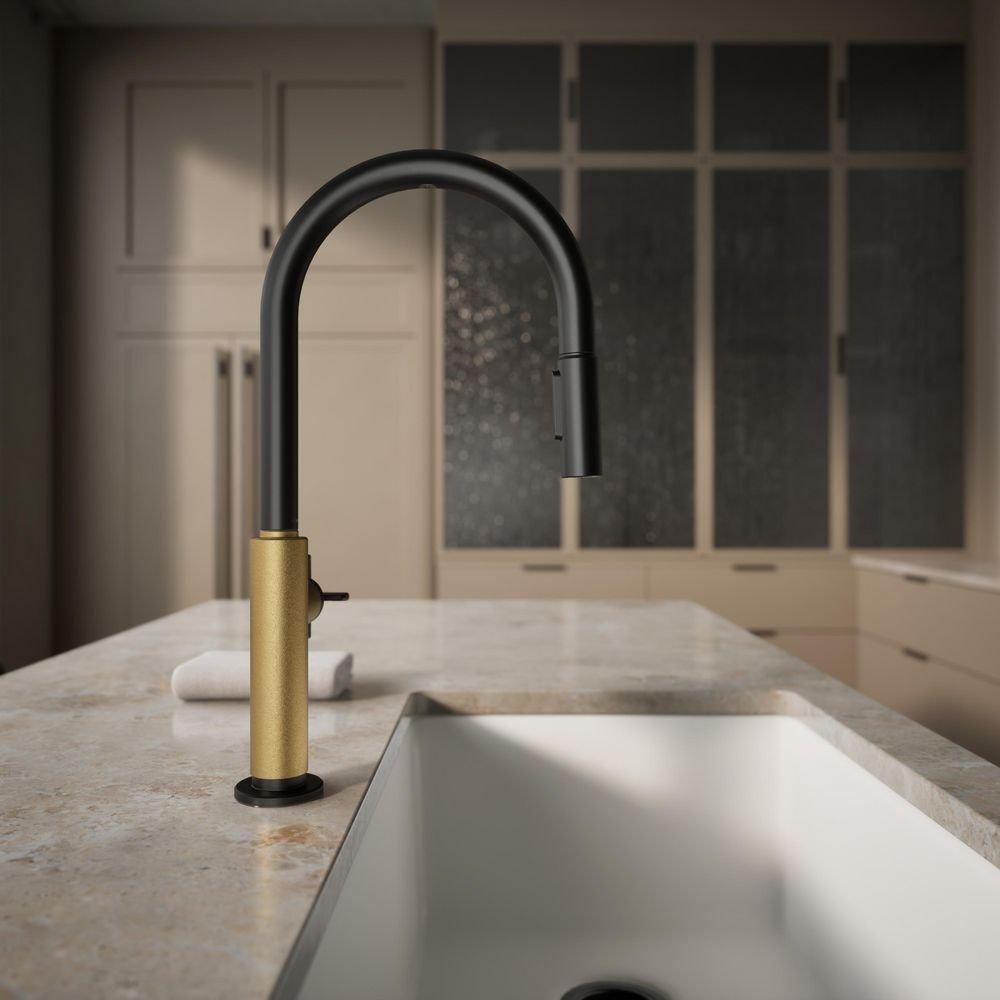 KOHLER Matte Black with Brushed Moderne Brass BILLET PULL-DOWN - CROSS HANDLE 
