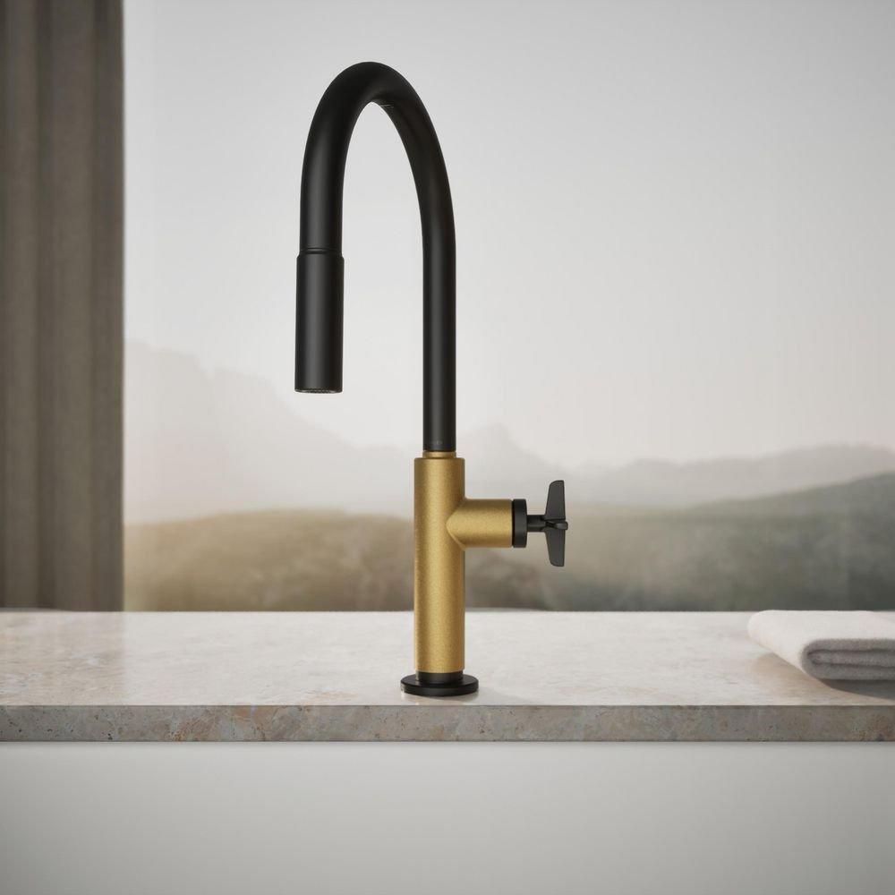 KOHLER Matte Black with Brushed Moderne Brass BILLET PULL-DOWN - CROSS HANDLE 