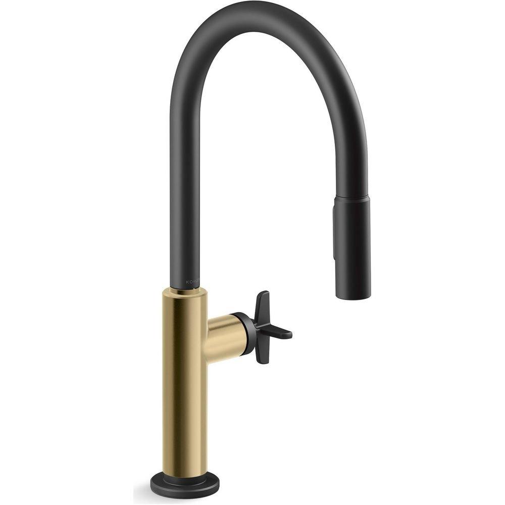 KOHLER Matte Black with Brushed Moderne Brass BILLET PULL-DOWN - CROSS HANDLE 