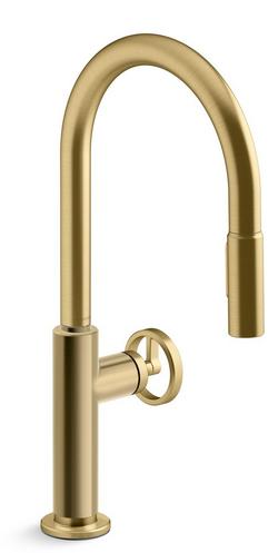 Single Handle Pull Down Kitchen Faucet with Knob Handle in Vibrant Brushed Moderne Brass