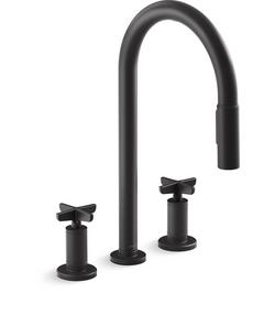 Two Handle Pull Down Kitchen Faucet with Cross Handles in Matte Black