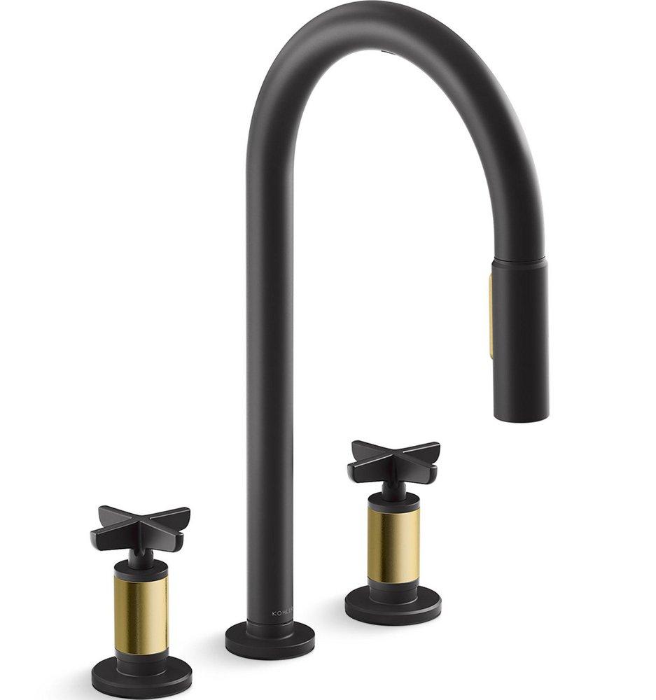 KOHLER Matte Black/Brushed Moderne Brass BILLET WIDESPREAD PD - CROSS 