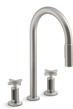 Two Handle Pull Down Kitchen Faucet with Cross Handles in Vibrant Stainless
