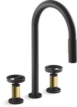 Two Handle Pull Down Kitchen Faucet with Knob Handles in Matte Black with Brushed Moderne Brass