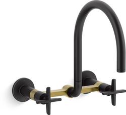 Two Handle Bridge Kitchen Faucet with Cross Handles in Matte Black with Brushed Moderne Brass