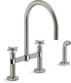 Two Handle Bridge Kitchen Faucet with Cross Handles & Side Spray in Vibrant&reg; Stainless