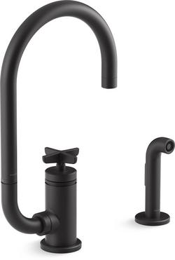Single Handle Kitchen Faucet with Cross Handle & Side Spray in Matte Black
