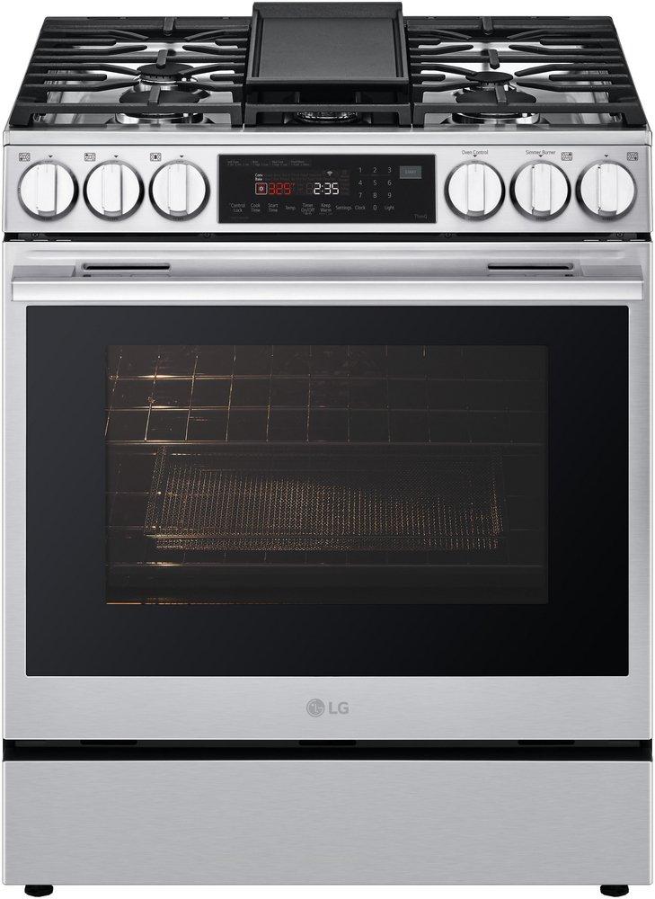 6.3 CU.FT. SMART GAS SINGLE OVEN SLIDE-IN RANGE INSTAVIEW AIR FRY PROBAKE CONVECTION EASYCLEAN SELF CLEAN THINQ PRINTPROOF STAINLESS STEEL - NEW HANDLE 
