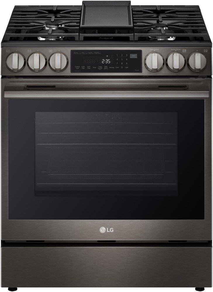 6.3 CU.FT. SMART GAS SINGLE OVEN SLIDE-IN RANGE INSTAVIEW AIR FRY PROBAKE CONVECTION EASYCLEAN SELF CLEAN THINQ BLACK STAINLESS STEEL - NEW HANDLE 