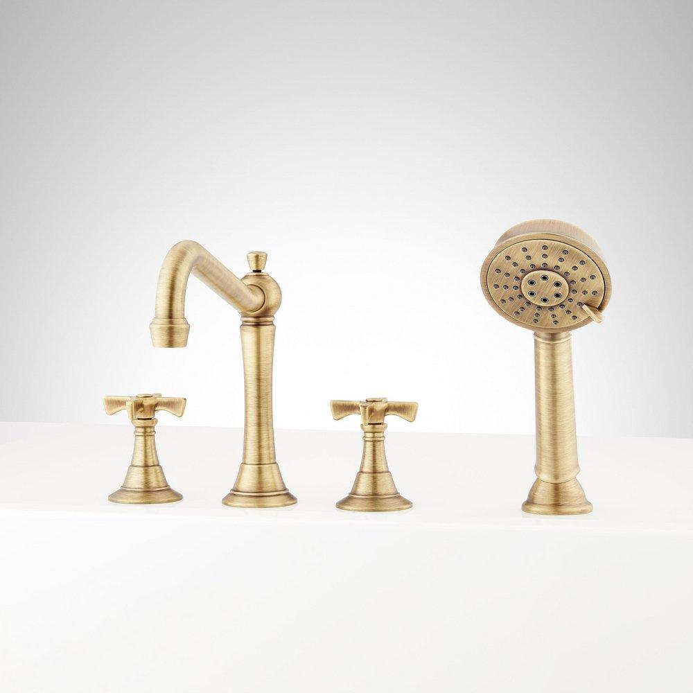 MARCEAU 4-HOLE ROMAN TUB FAUCET AND HAND SHOWER - CROSS HANDLES - AGED BRASS 