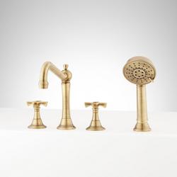 Roman Tub Faucet with Cross Handles and Hand Shower in Aged Brass