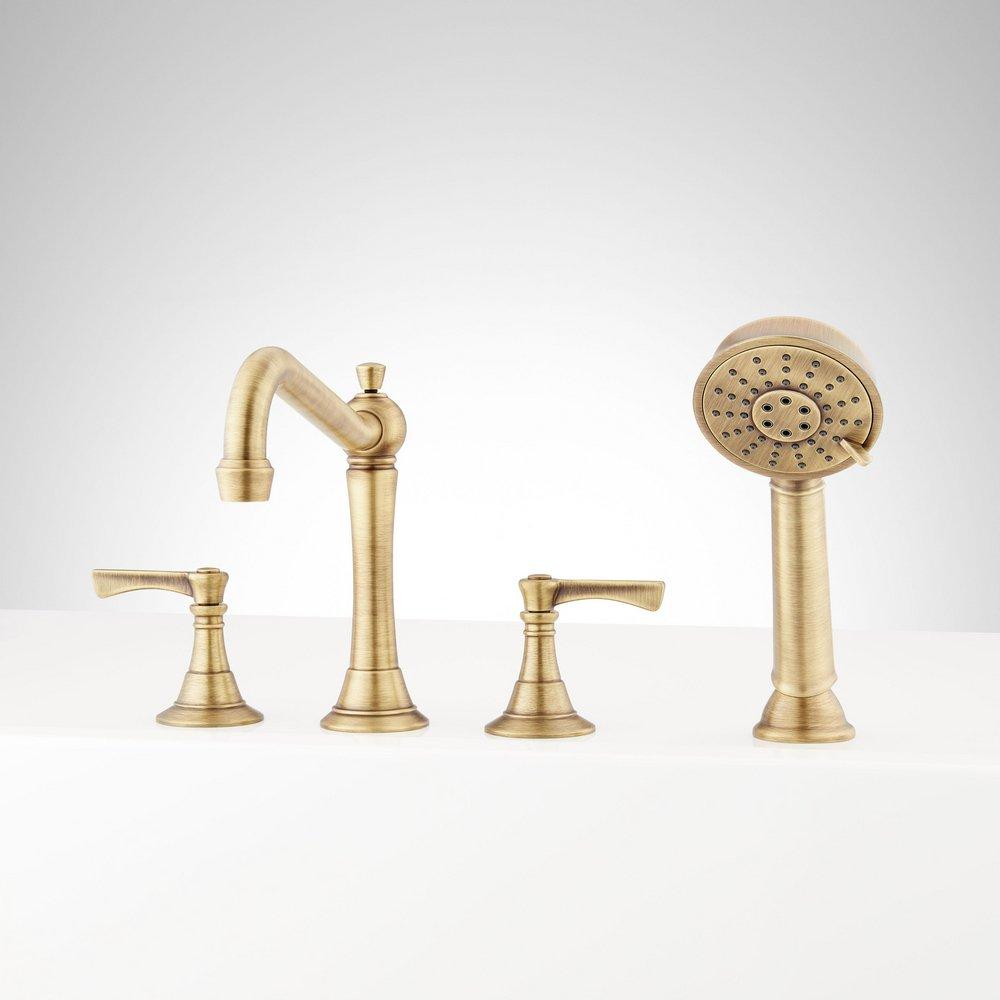 MARCEAU 4-HOLE ROMAN TUB FAUCET AND HAND SHOWER - LEVER HANDLES - AGED BRASS 