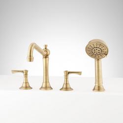 Roman Tub Faucet with Lever Handles and Hand Shower in Aged Brass