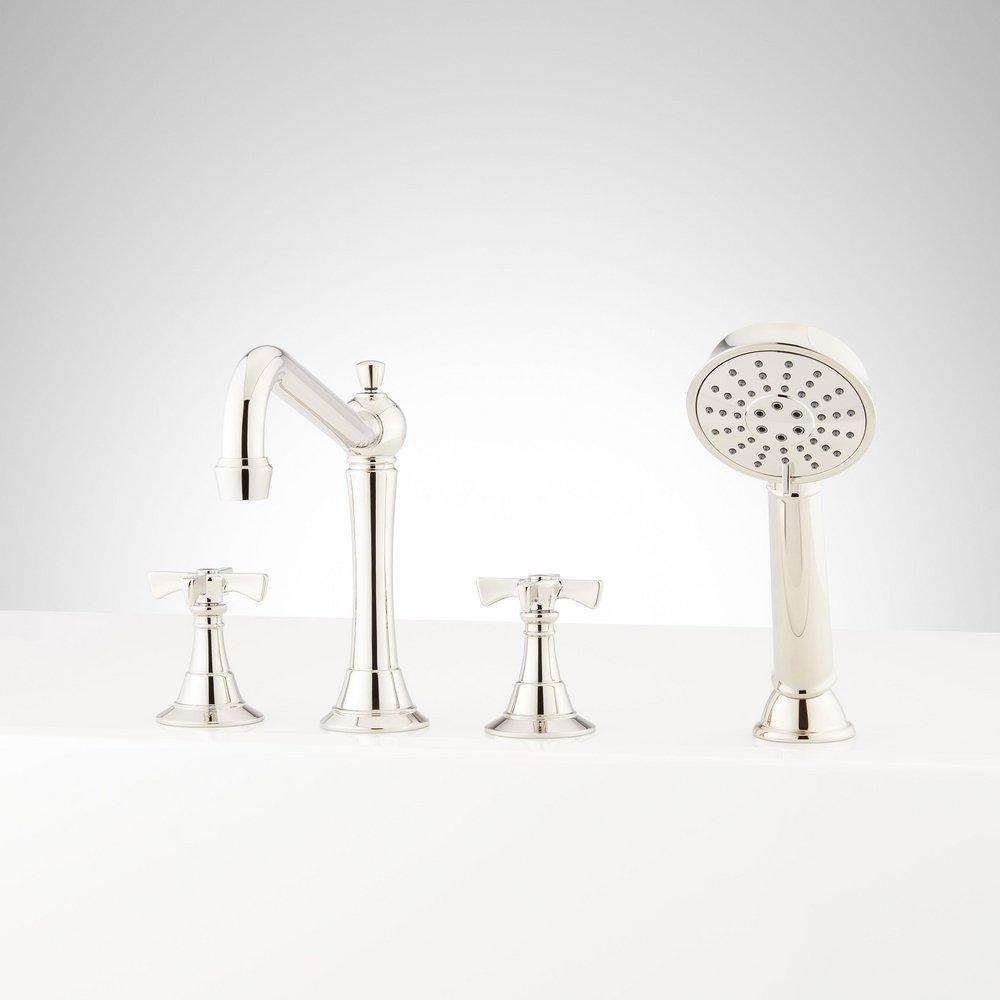 MARCEAU 4-HOLE ROMAN TUB FAUCET AND HAND SHOWER WITH ROUGH-IN VALVE - CROSS - POLISHED NICKEL 