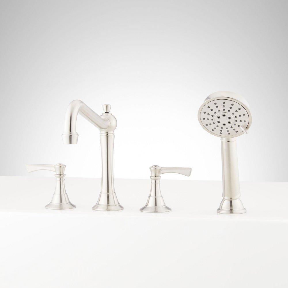 MARCEAU 4-HOLE ROMAN TUB FAUCET AND HAND SHOWER WITH ROUGH-IN VALVE - LEVER HANDLES - BRUSHED NICKEL 