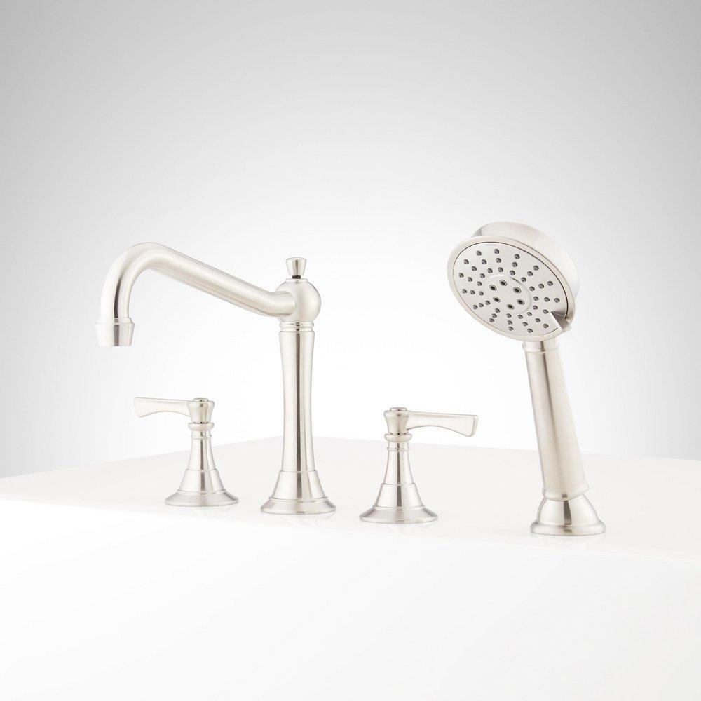 MARCEAU 4-HOLE ROMAN TUB FAUCET AND HAND SHOWER WITH ROUGH-IN VALVE - LEVER HANDLES - BRUSHED NICKEL 