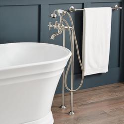 Freestanding Tub Faucet with Cross Handles and Hand Shower in Brushed Nickel