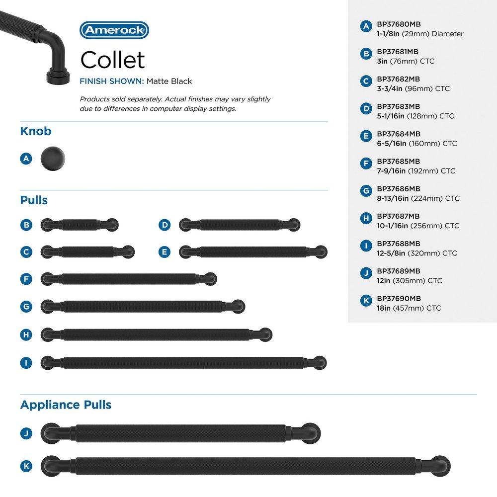 COLLET 8-13/16 INCH 224MM CENTER-TO-CENTER MATTE BLACK CABINET PULL 