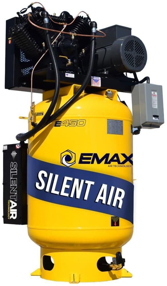 EMAX Silent Air Industrial 7.5HP 31CFM 1- Phase 2-Stage 120 Gal. Vertical Stationary Electric Air Compressor-W/ Pressure Lube Pump , Isolator Pads, Belt Tensioner, Continuous Run, Auto Drain 