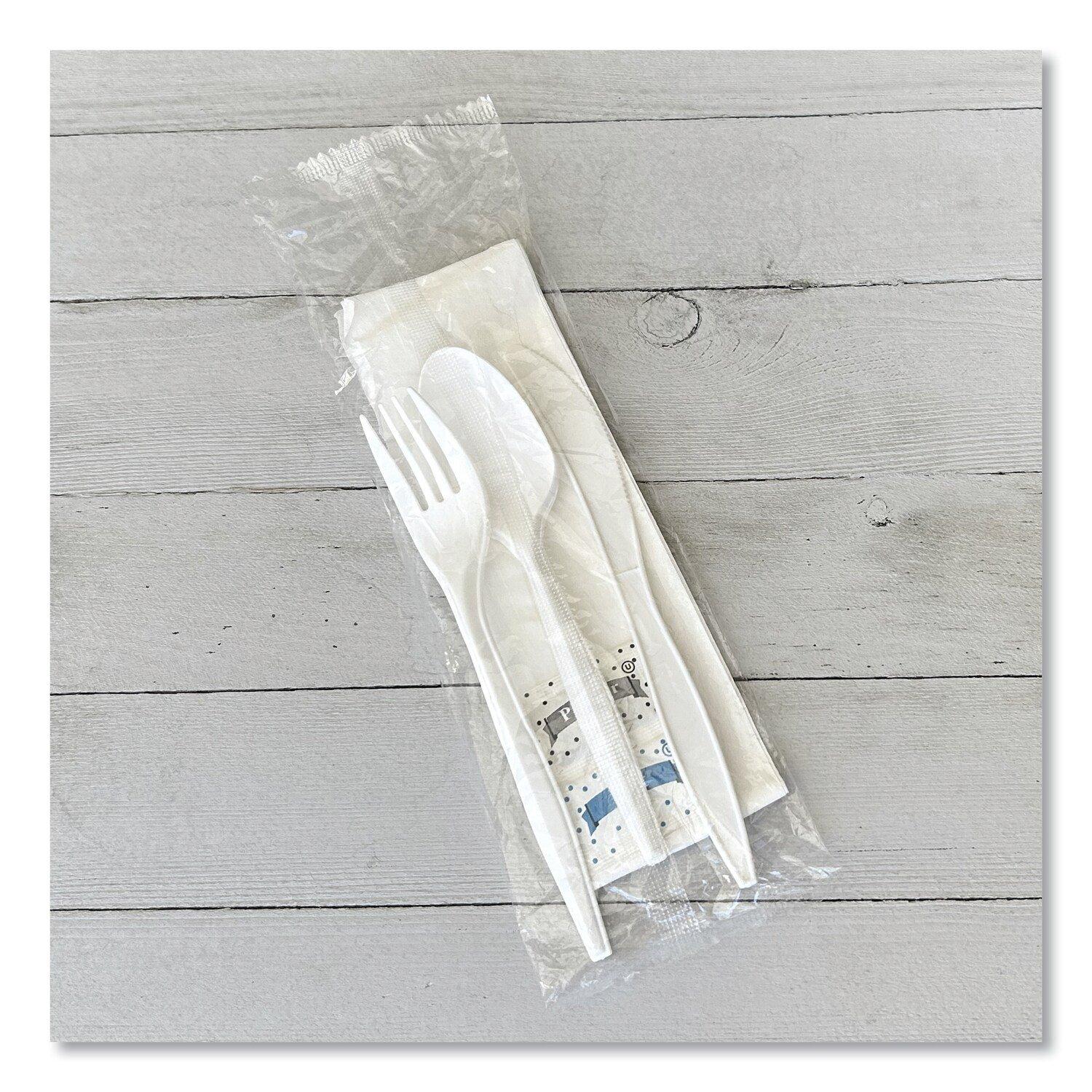 Medium Weight White Six-Piece Cutlery Kit (Fork/Knife/Napkin/Pepper/Salt/Spoon) 5.86 Plastic (250/Carton) 