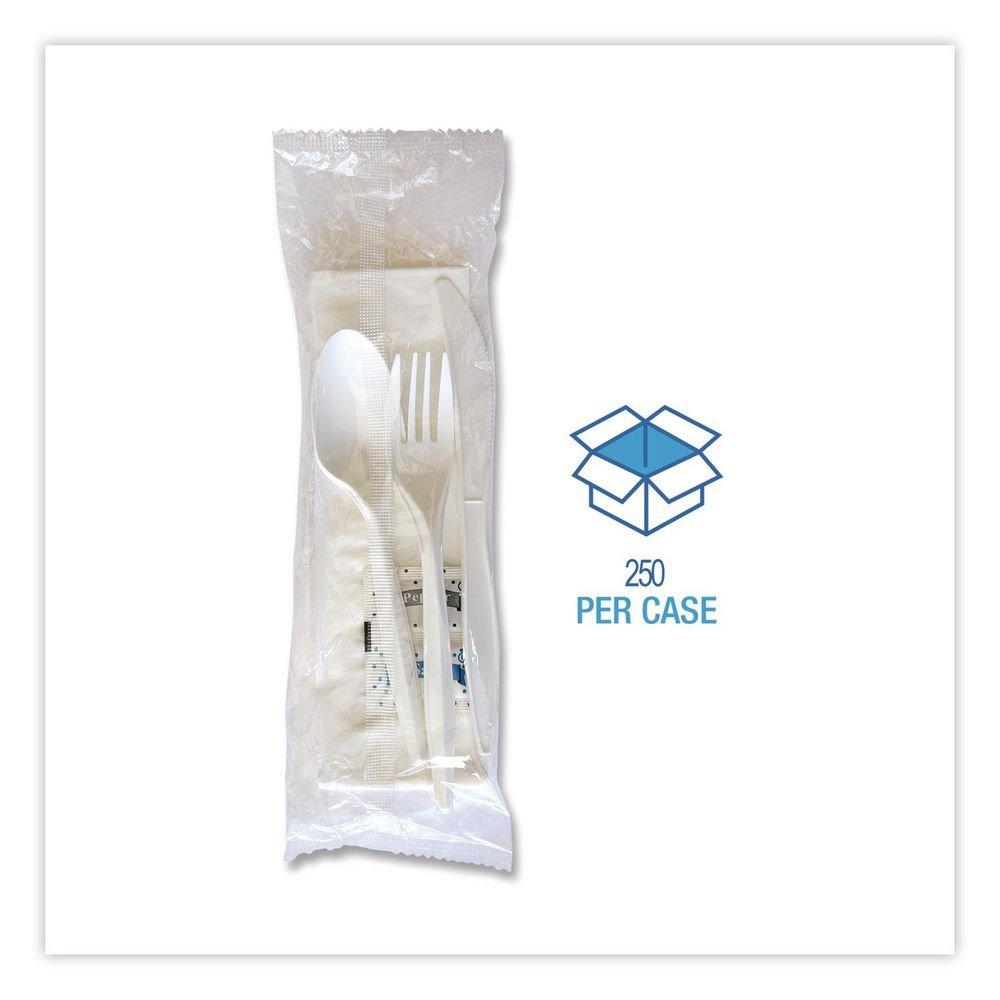 Medium Weight White Six-Piece Cutlery Kit (Fork/Knife/Napkin/Pepper/Salt/Spoon) 5.86 Plastic (250/Carton) 