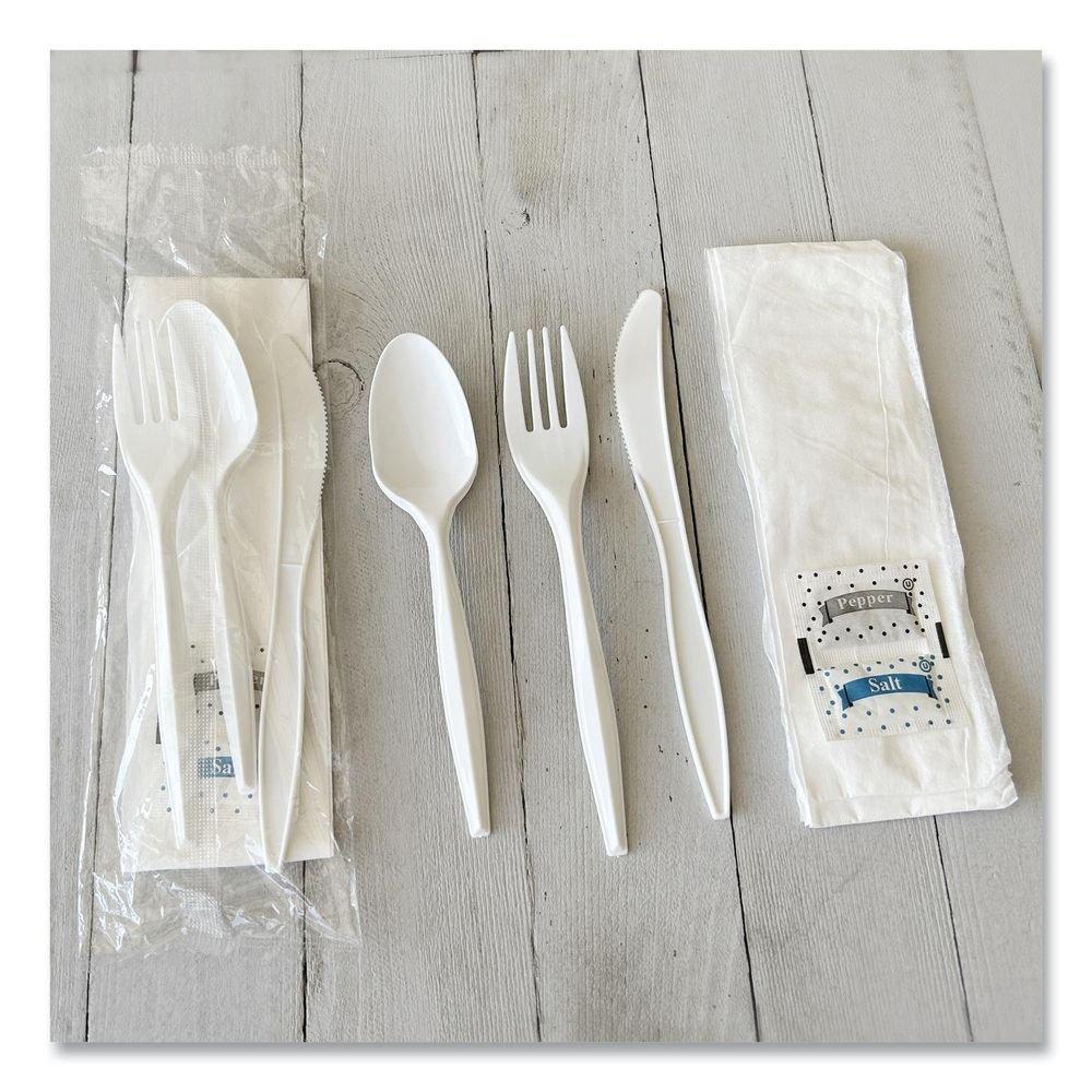 Medium Weight White Six-Piece Cutlery Kit (Fork/Knife/Napkin/Pepper/Salt/Spoon) 5.86 Plastic (250/Carton) 