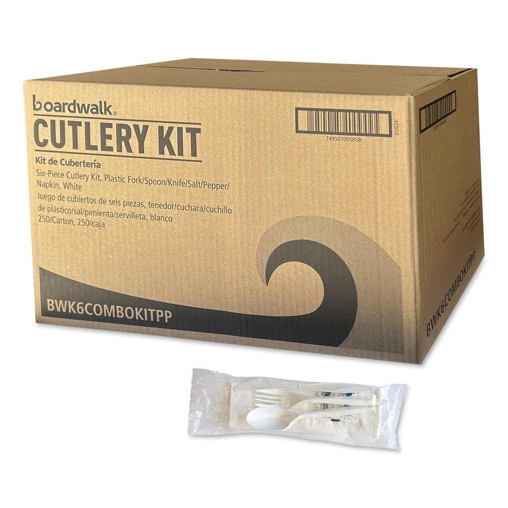Medium Weight White Six-Piece Cutlery Kit (Fork/Knife/Napkin/Pepper/Salt/Spoon) 5.86 Plastic (250/Carton) 