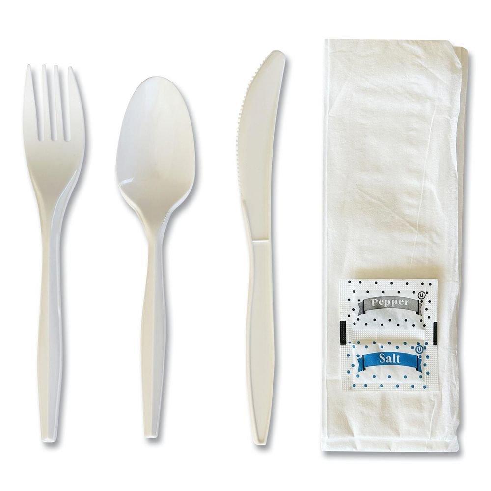 Medium Weight White Six-Piece Cutlery Kit (Fork/Knife/Napkin/Pepper/Salt/Spoon) 5.86 Plastic (250/Carton) 
